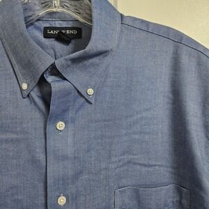 Lands' End Mens Oxford No Iron Supima Dress Shirt Mens 15 Blue Short Sleeves